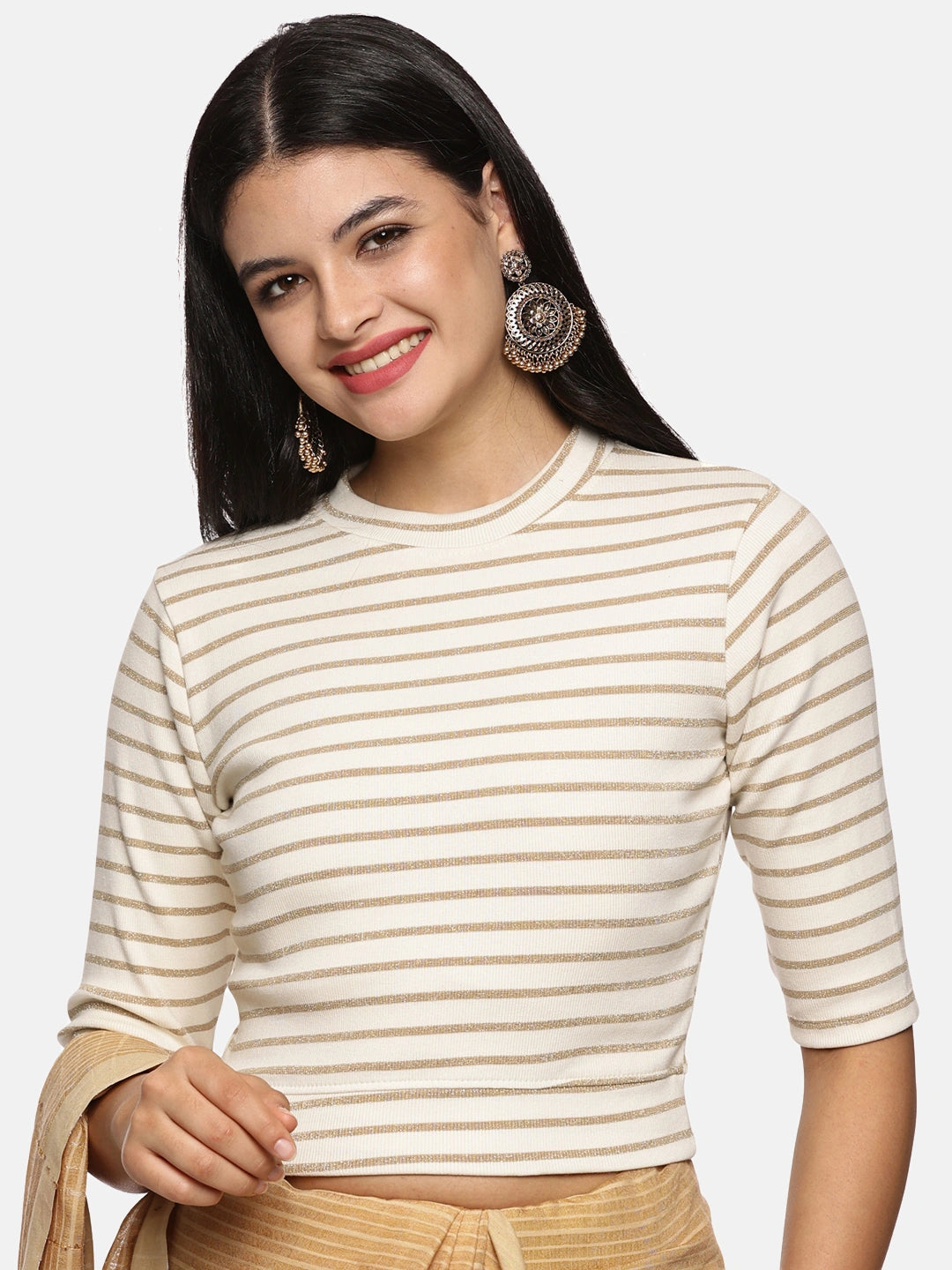 Women Yarn Dyed Stretchable Elbow Sleeve RIB Blouse U0154 - notyetbyus