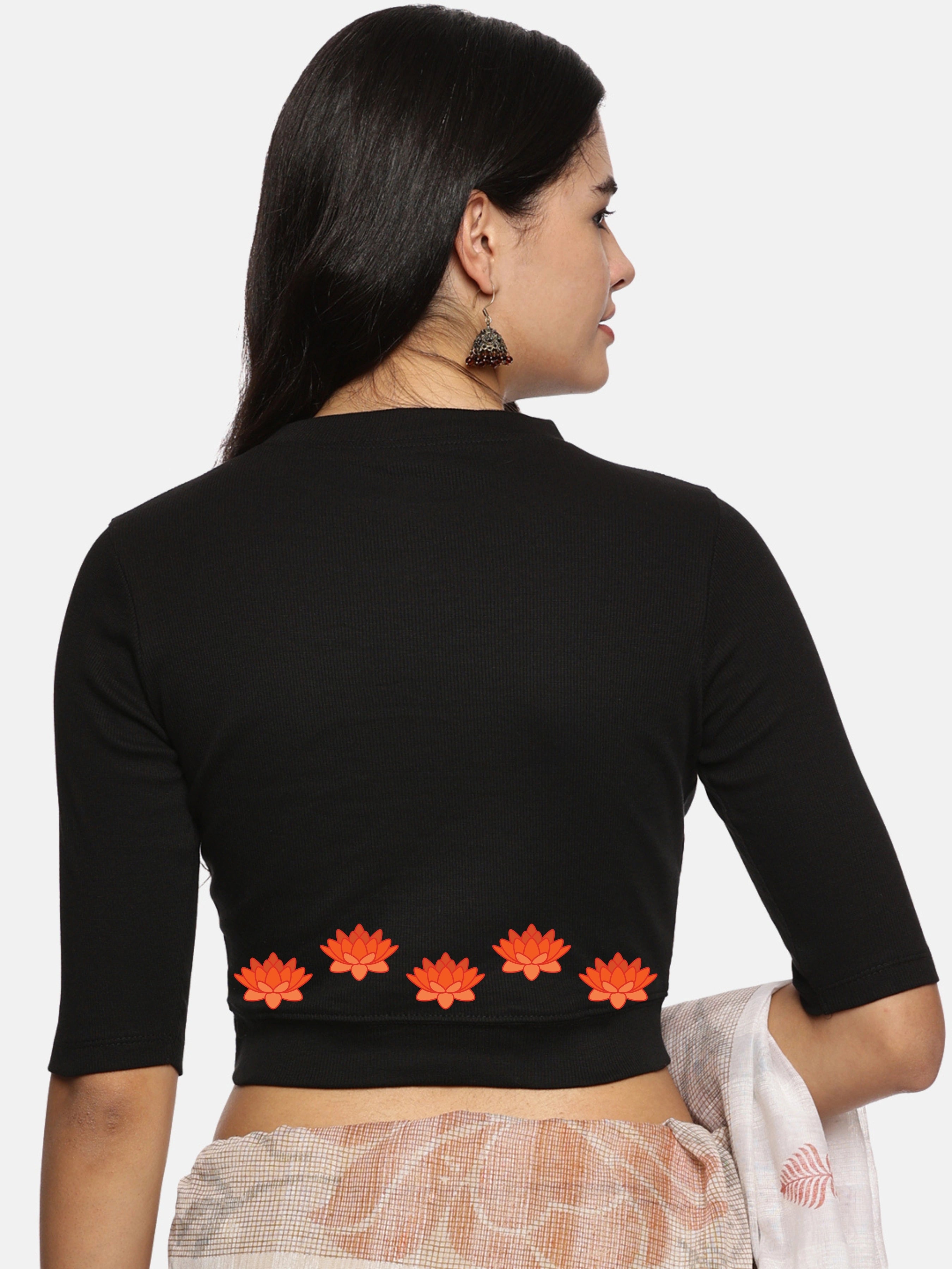 Women Back Printed Stretchable Elbow Sleeve RIB Blouse U0147 - notyetbyus