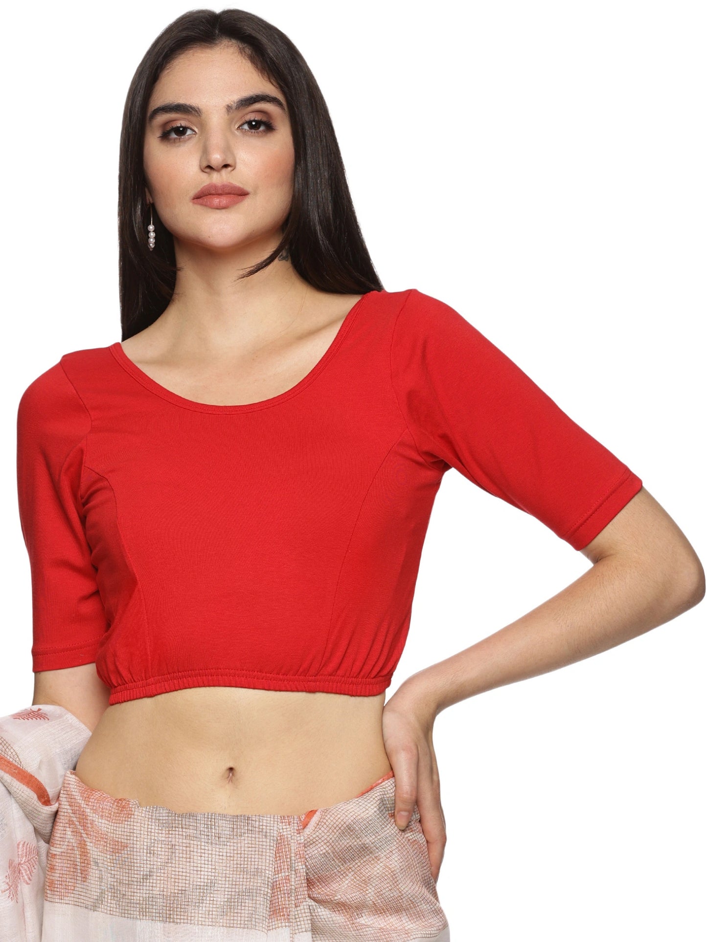Women Back Printed Stretchable Half Sleeve Blouse U0199 Red