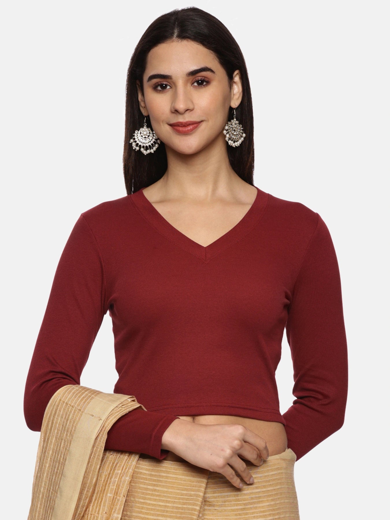 Women Back Printed Stretchable Full Sleeve V Neck RIB Blouse U0185 Maroon