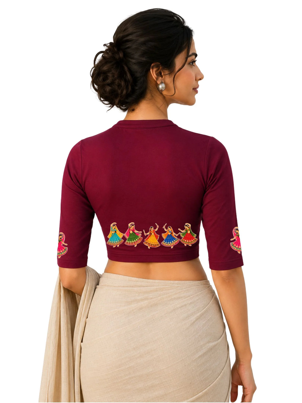 Women Mandarin Collar Back Printed Stretchable Elbow Sleeve Blouse U0281 Maroon