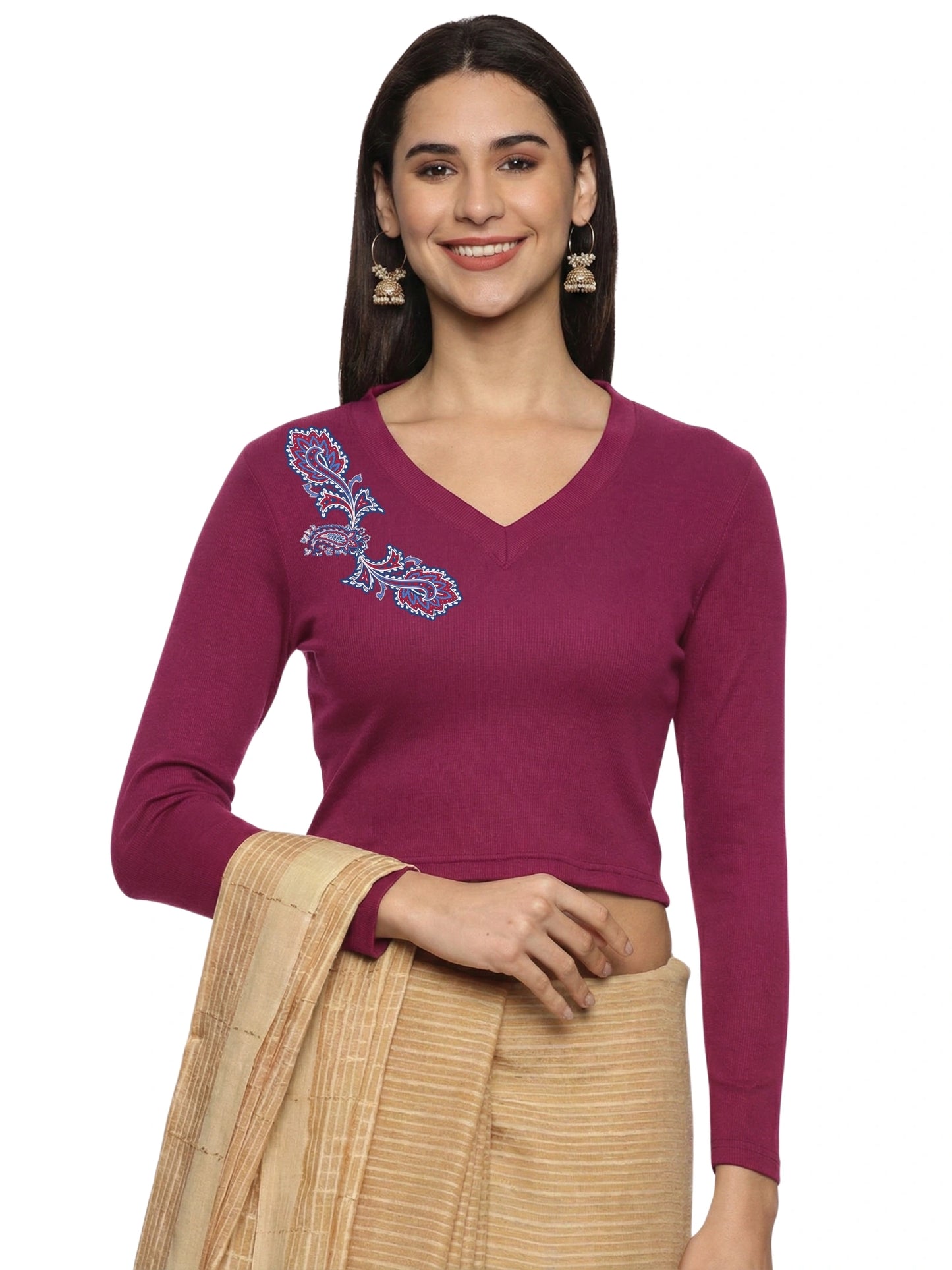 Women Back Printed Stretchable Full Sleeve V Neck RIB Blouse U0217 Wine Pink