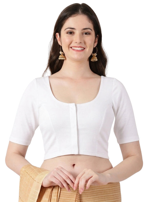 Women Front Open Back Printed Stretchable Half Sleeve Blouse U0262 White