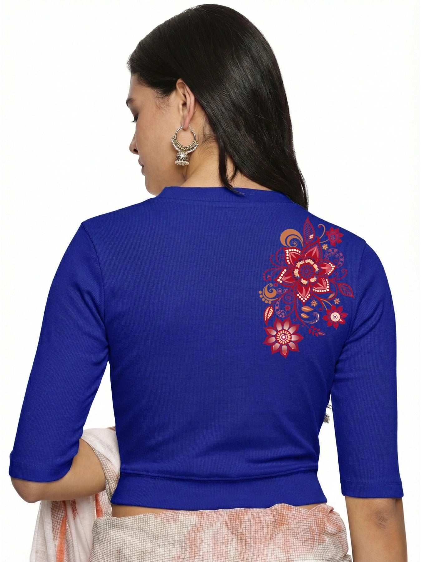 Women Back Printed Stretchable Elbow Sleeve RIB Blouse U0122 Royal Blue