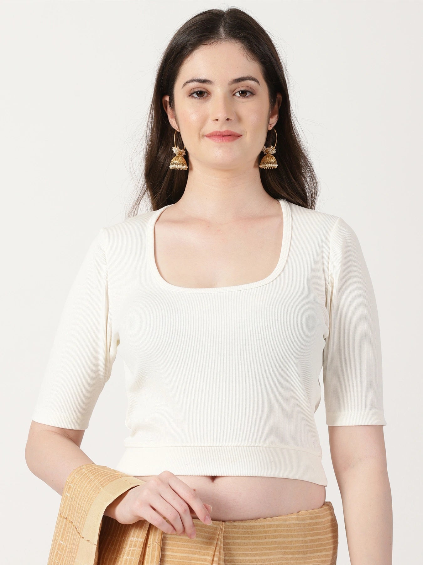 Women Stretchable Rib Square Neck Puff Sleeve Blouse Back Print U0242 Cream