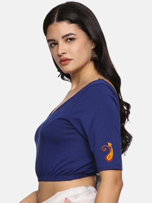 Women Back Printed Stretchable Half Sleeve Blouse U0177 Royal Blue