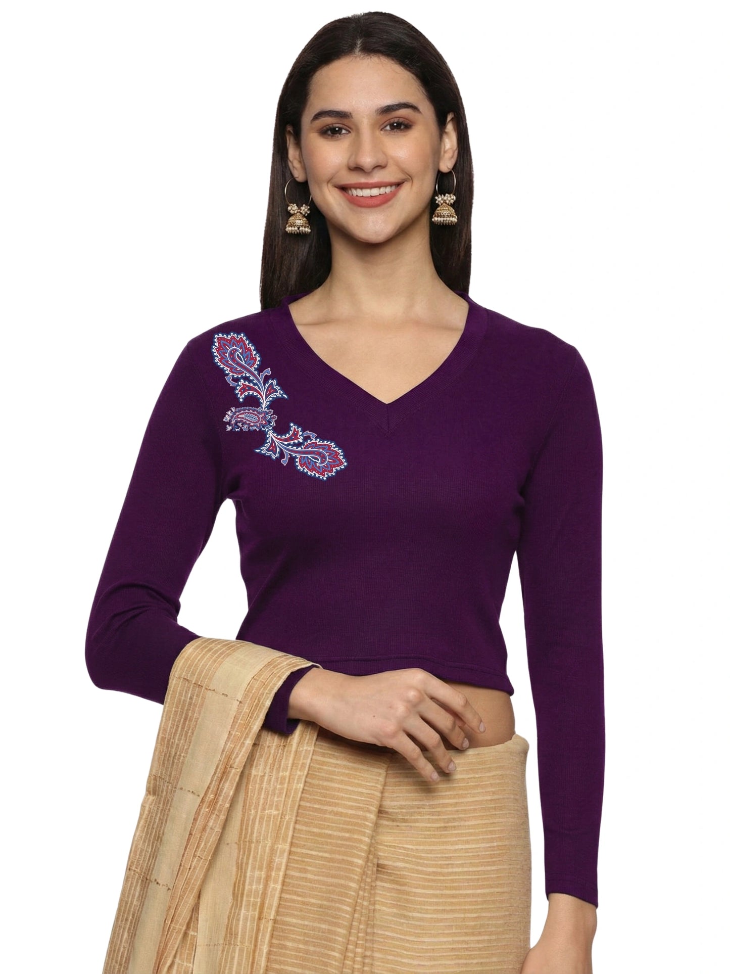 Women Back Printed Stretchable Full Sleeve V Neck RIB Blouse U0217 Violet