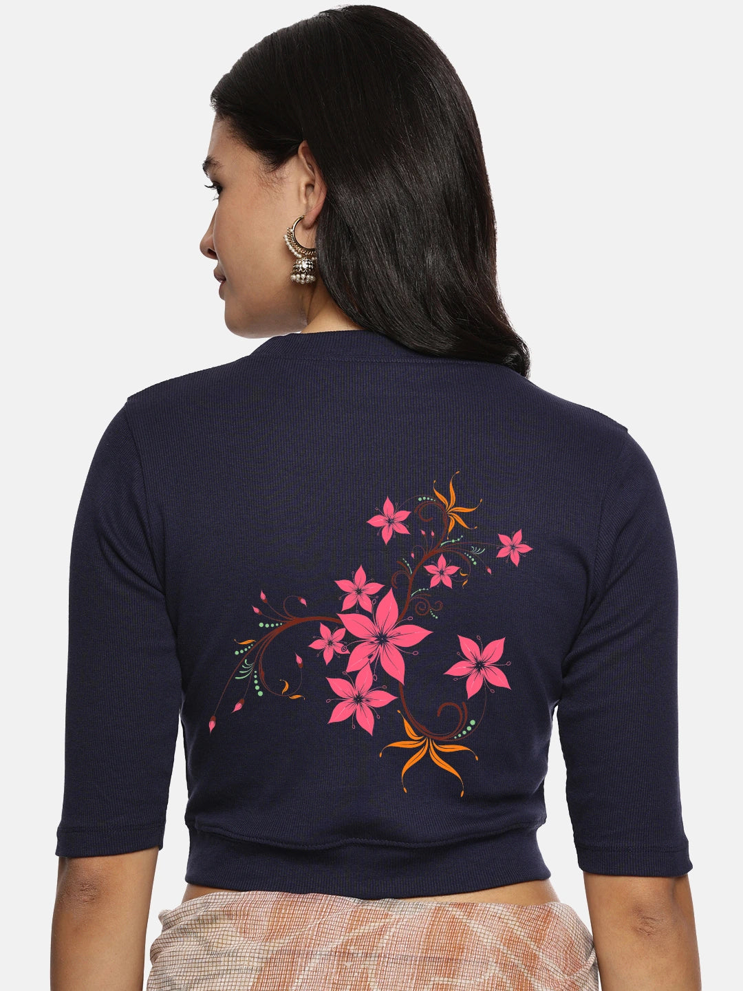 Women Back Printed Stretchable Elbow Sleeve RIB Blouse U0113 - notyetbyus