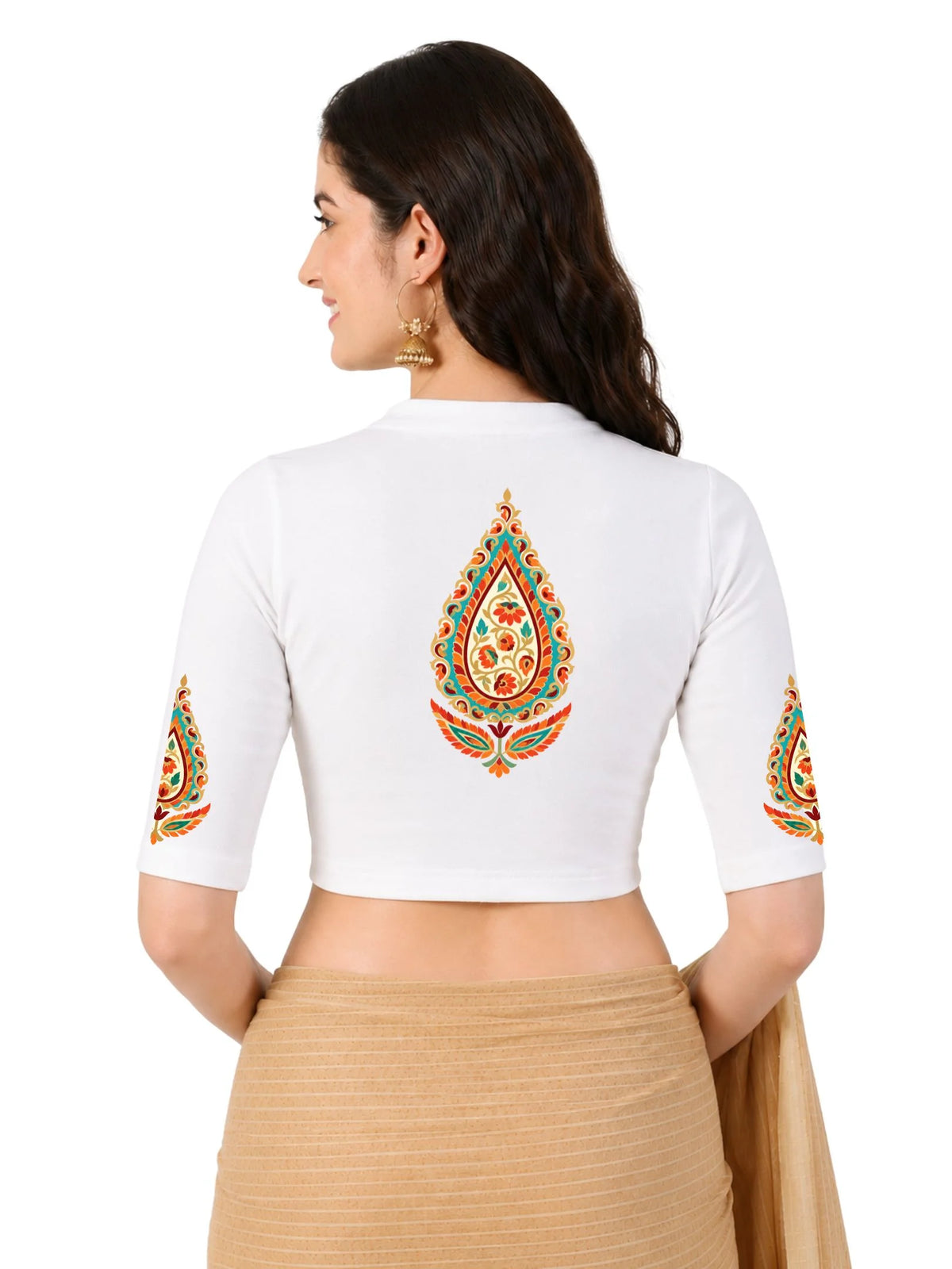 Women Mandarin Collar Back Printed Stretchable Elbow Sleeve Blouse U0279 White