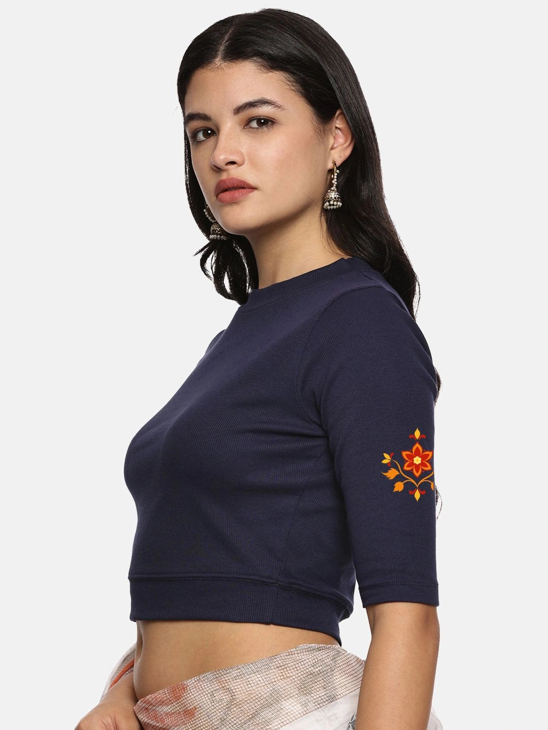 Women Back Printed Stretchable Elbow Sleeve RIB Blouse U0158 - notyetbyus