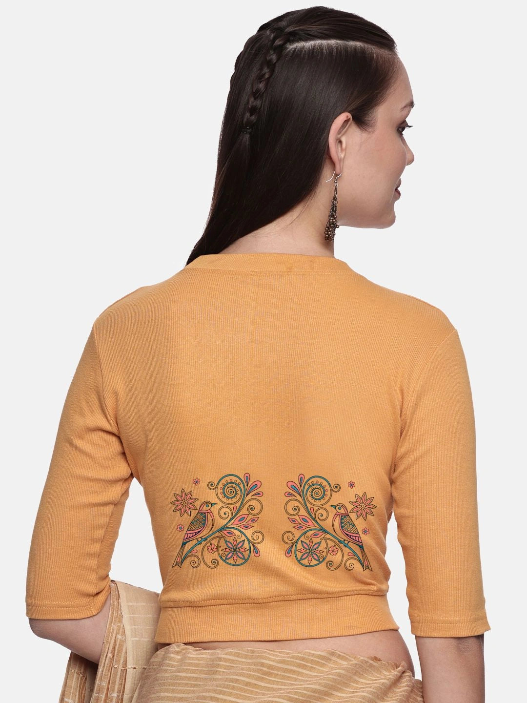 Women Back Printed Stretchable Elbow Sleeve RIB Blouse U0156 - notyetbyus