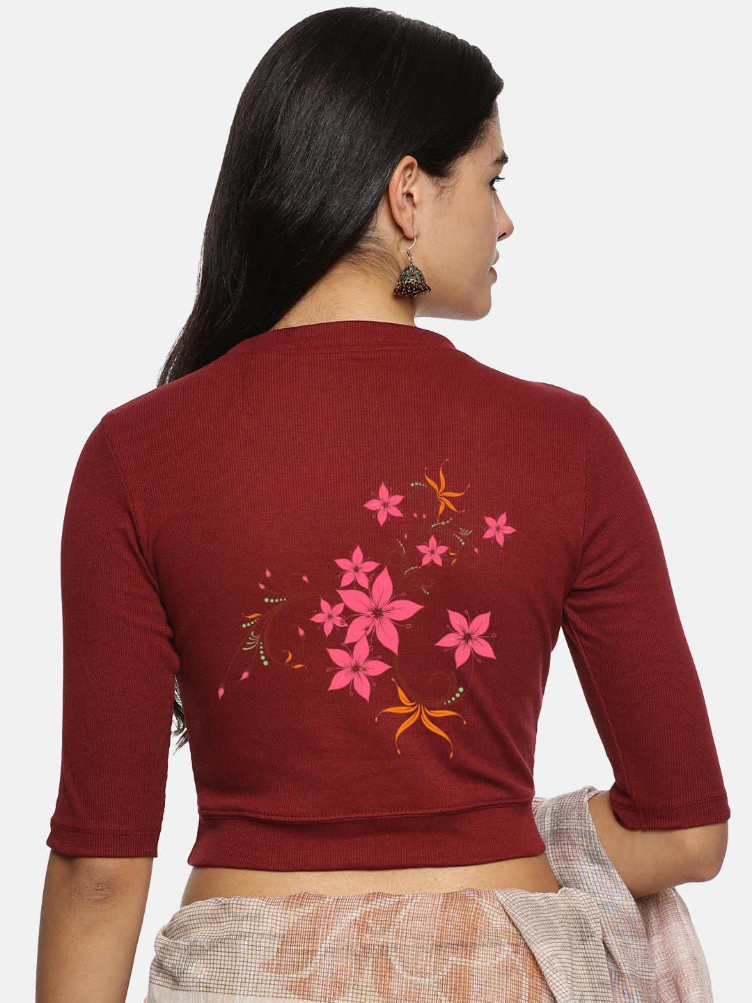 Women Back Printed Stretchable Elbow Sleeve RIB Blouse U0113 - notyetbyus