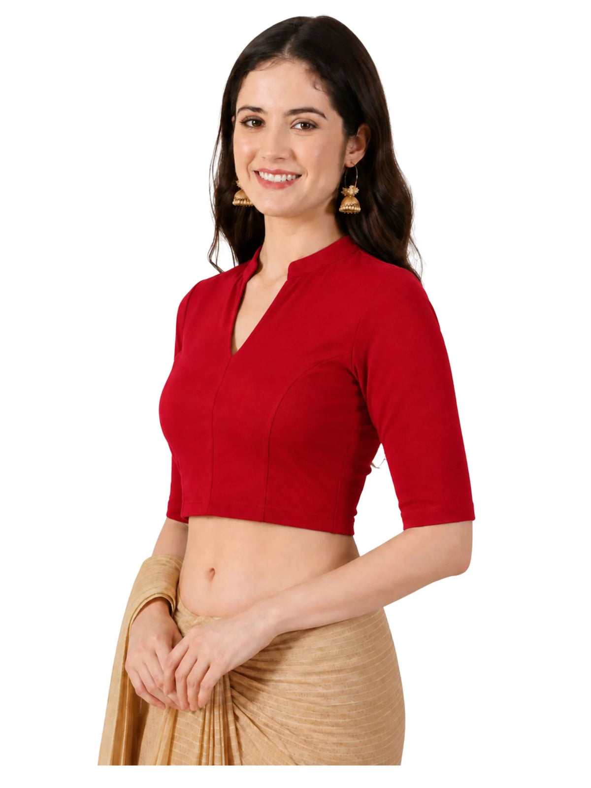 Women Mandarin Collar Plain Stretchable Elbow Sleeve Blouse U0271 Red
