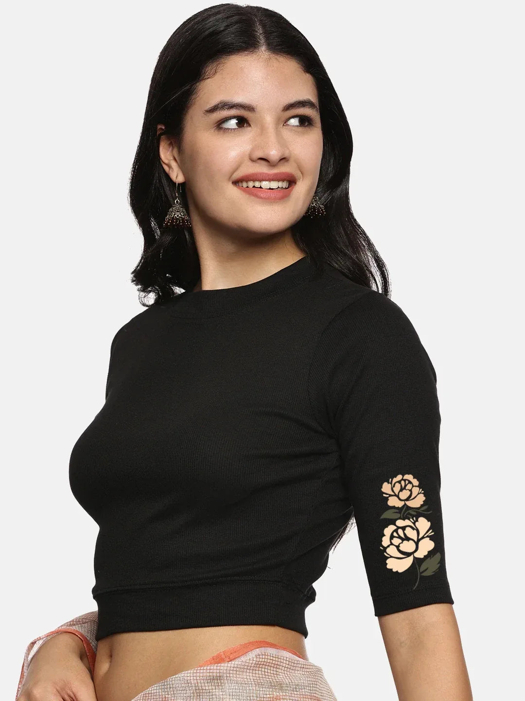 Women Back Printed Stretchable Elbow Sleeve RIB Blouse U0114