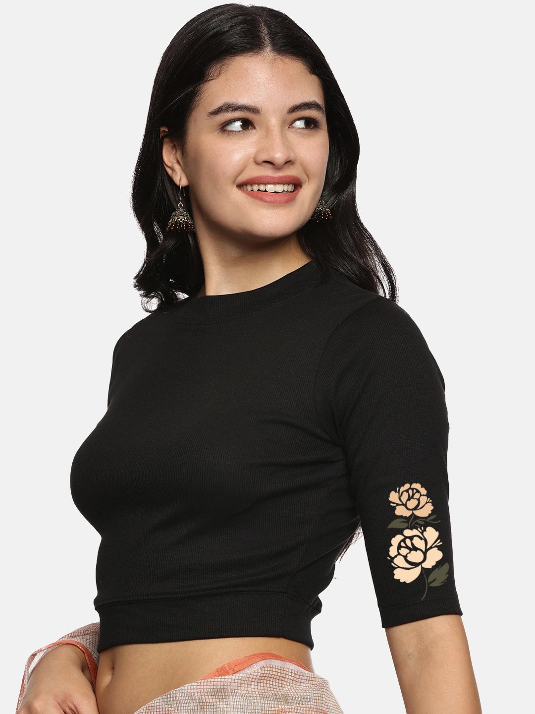 Women Back Printed Stretchable Elbow Sleeve RIB Blouse U0114 - notyetbyus