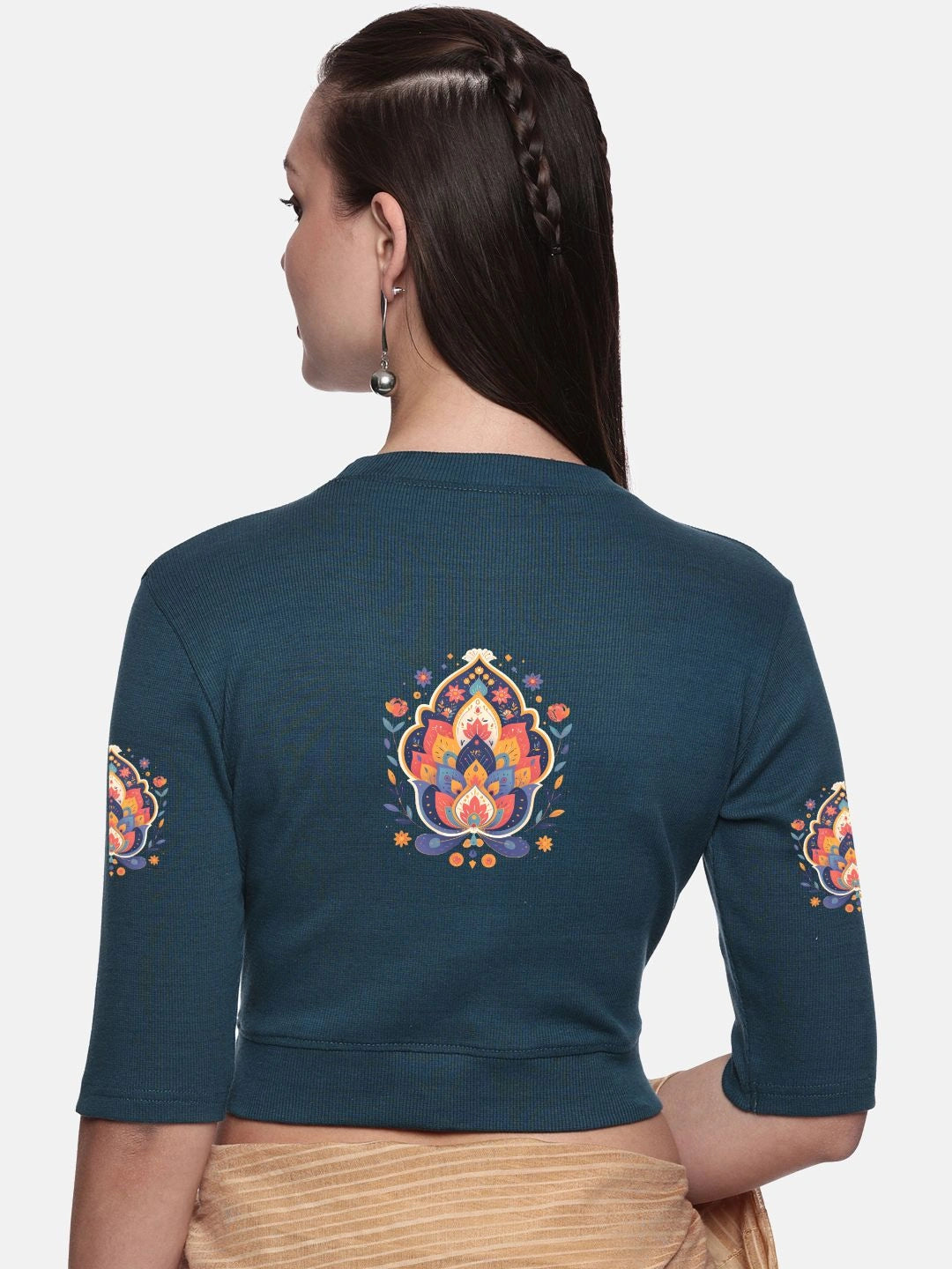 Women Back Printed Stretchable Elbow Sleeve RIB Blouse U0157 - notyetbyus