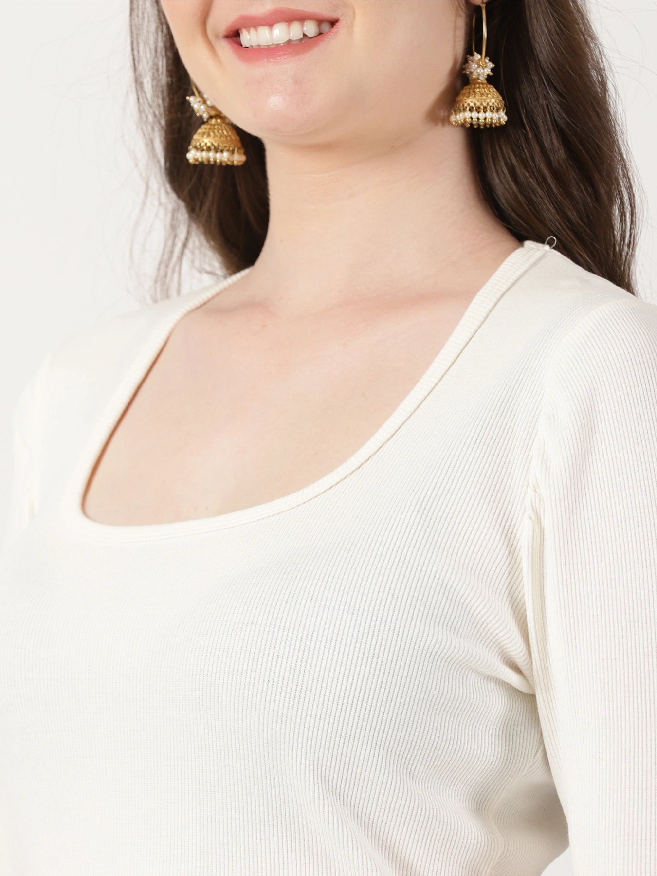 Women Plain Stretchable Rib Square Neck Puff Sleeve Blouse U0251 Cream
