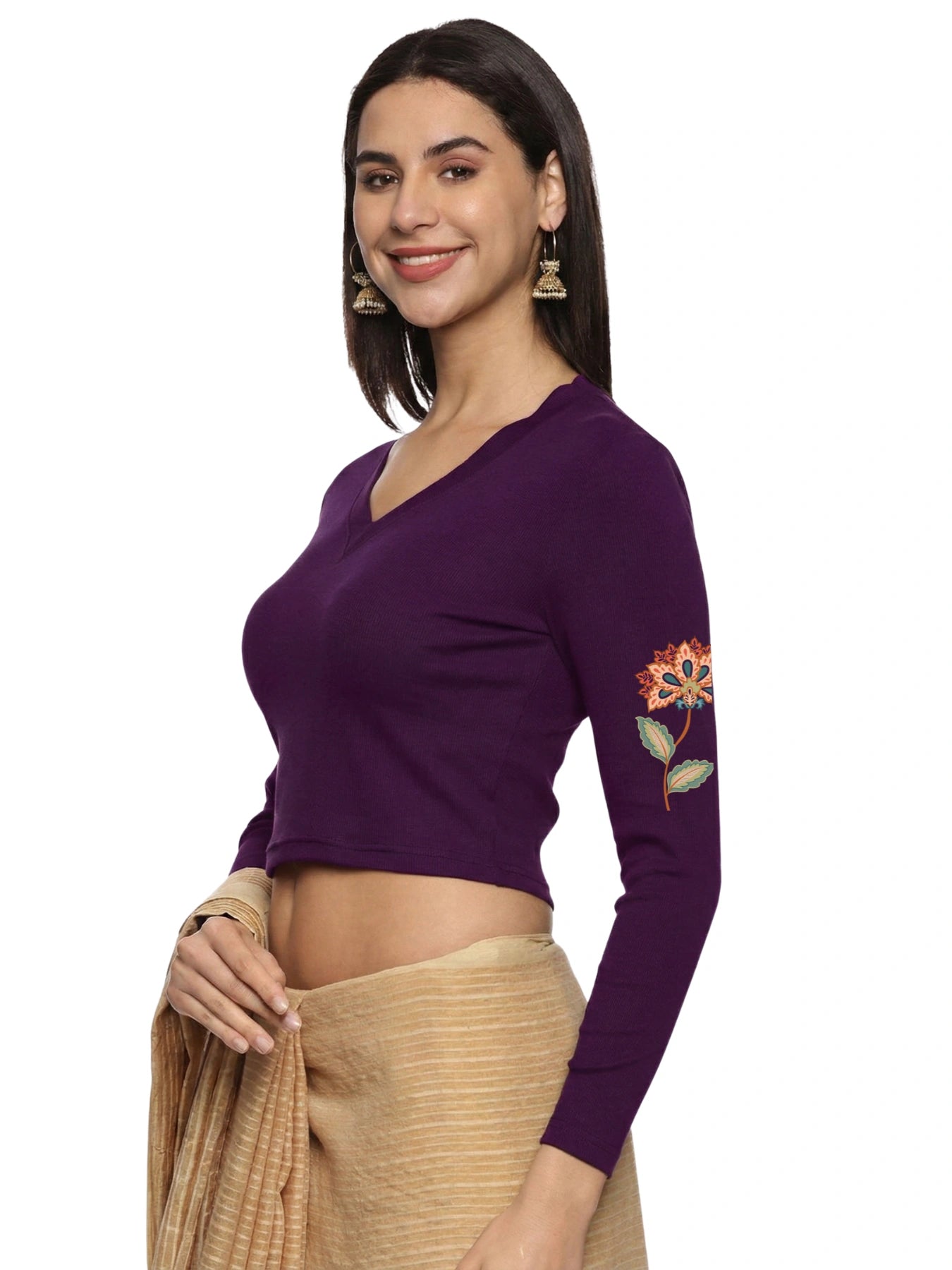 Women Back Printed Stretchable Full Sleeve V Neck RIB Blouse U0211 Violet