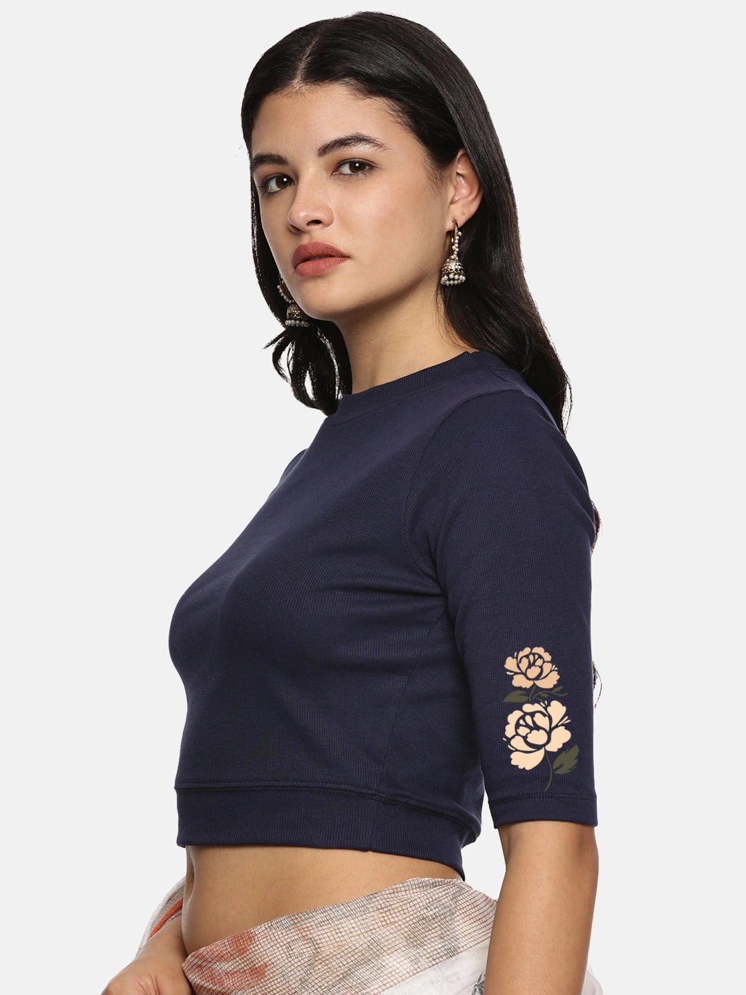 Women Back Printed Stretchable Elbow Sleeve RIB Blouse U0114 - notyetbyus