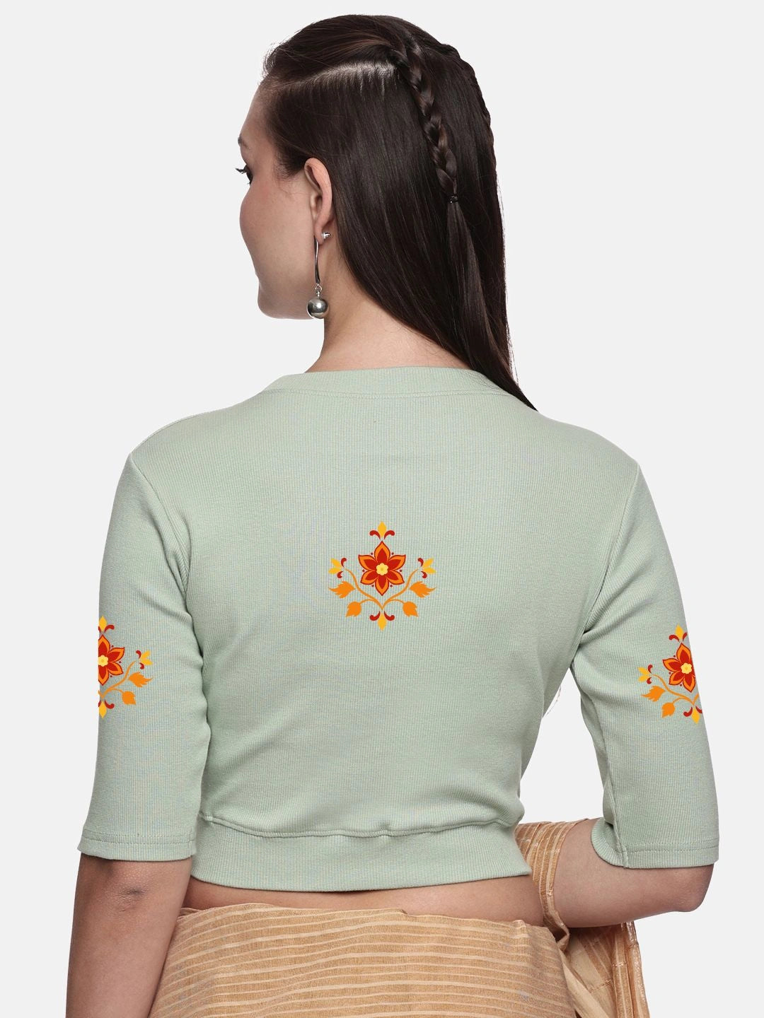 Women Back Printed Stretchable Elbow Sleeve RIB Blouse U0158 - notyetbyus
