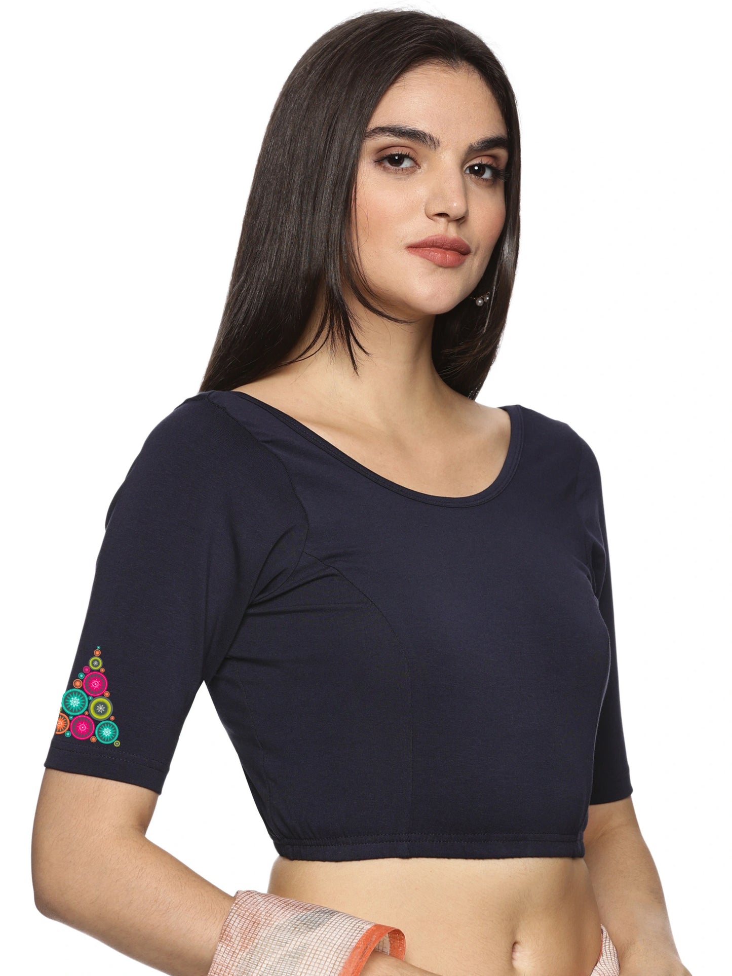 Women Back Printed Stretchable Half Sleeve Blouse U0173 Navy