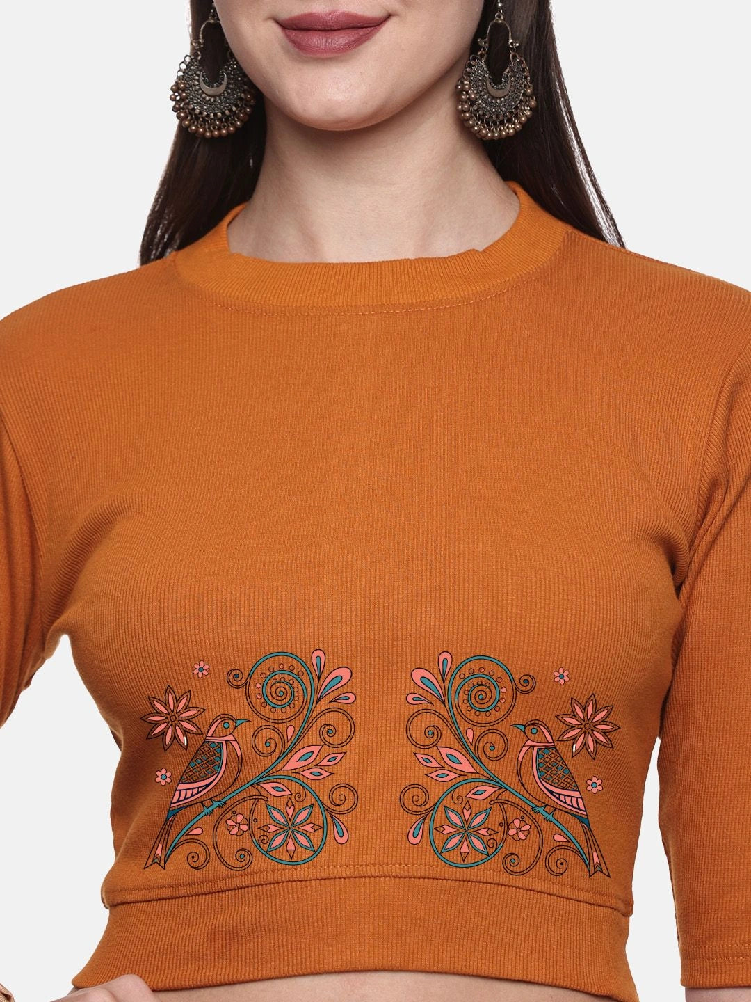 Women Back Printed Stretchable Elbow Sleeve RIB Blouse U0156 - notyetbyus