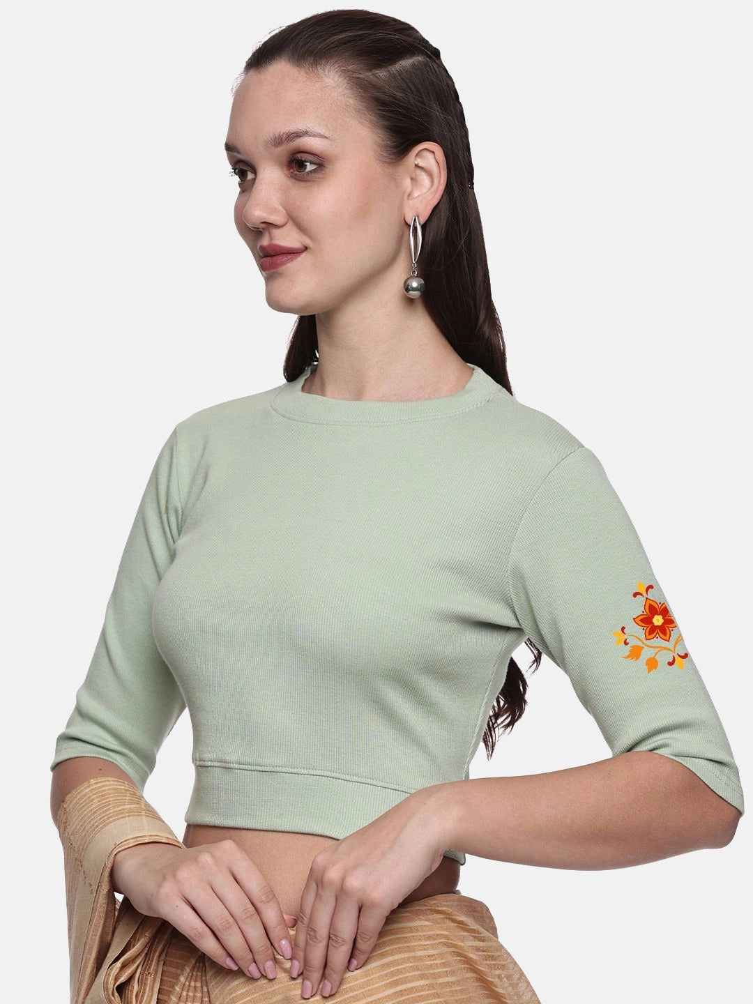 Women Back Printed Stretchable Elbow Sleeve RIB Blouse U0158 - notyetbyus