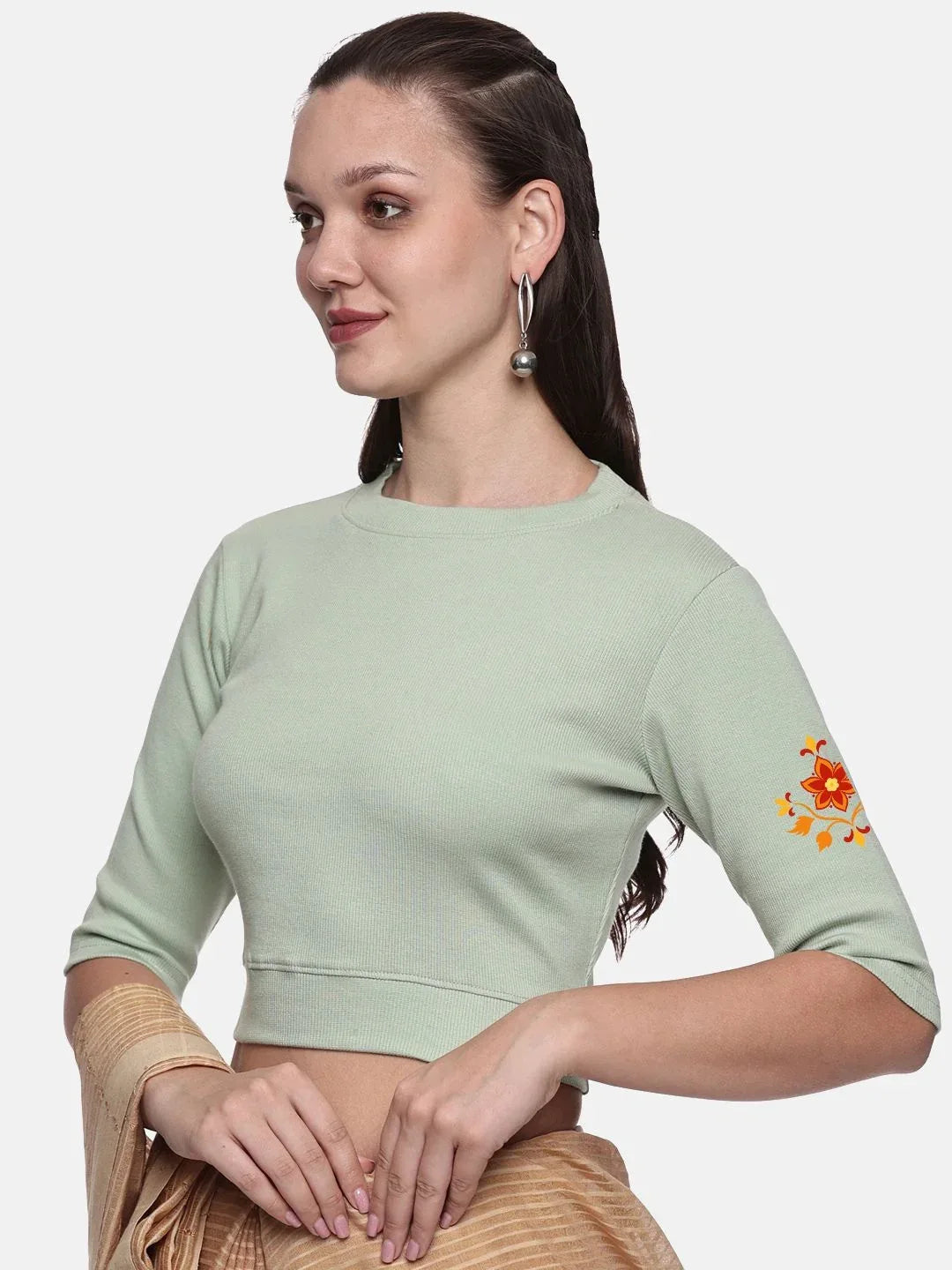 Women Back Printed Stretchable Elbow Sleeve RIB Blouse U0158 - notyetbyus
