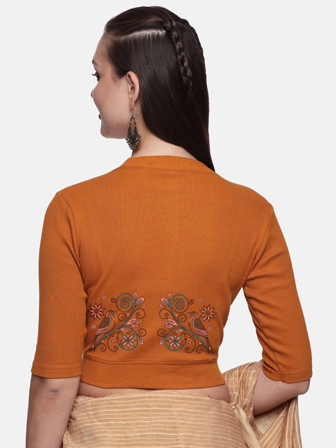 Women Back Printed Stretchable Elbow Sleeve RIB Blouse U0156 - notyetbyus