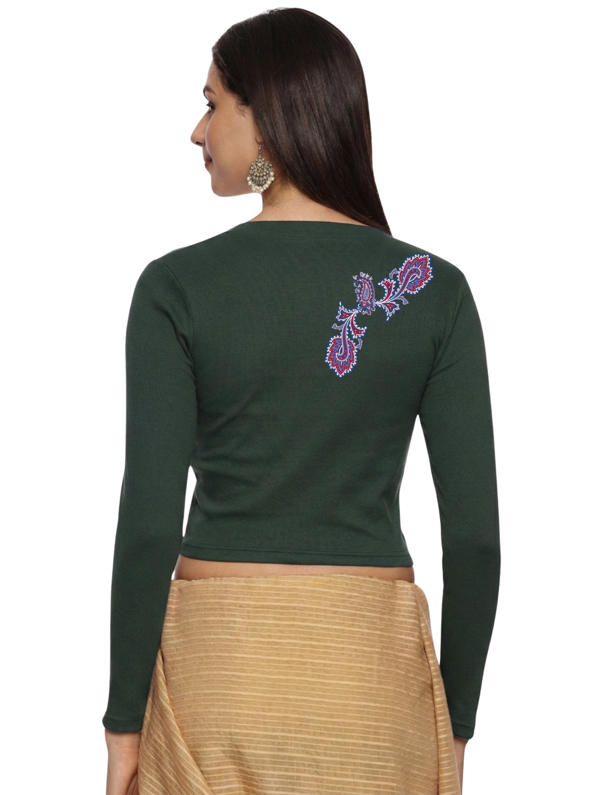 Women Back Printed Stretchable Full Sleeve V Neck RIB Blouse U0217 Khaki Green