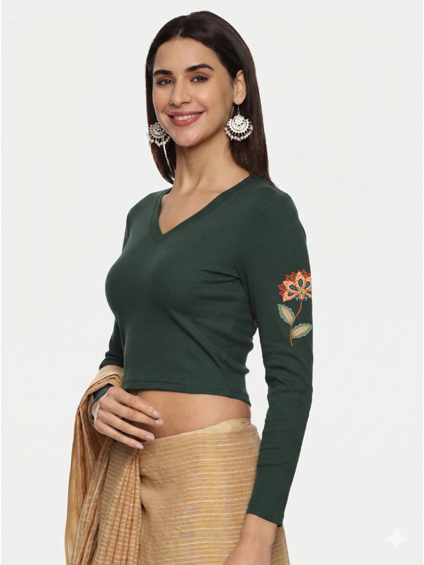 Women Back Printed Stretchable Full Sleeve V Neck RIB Blouse U0211 Khaki Green