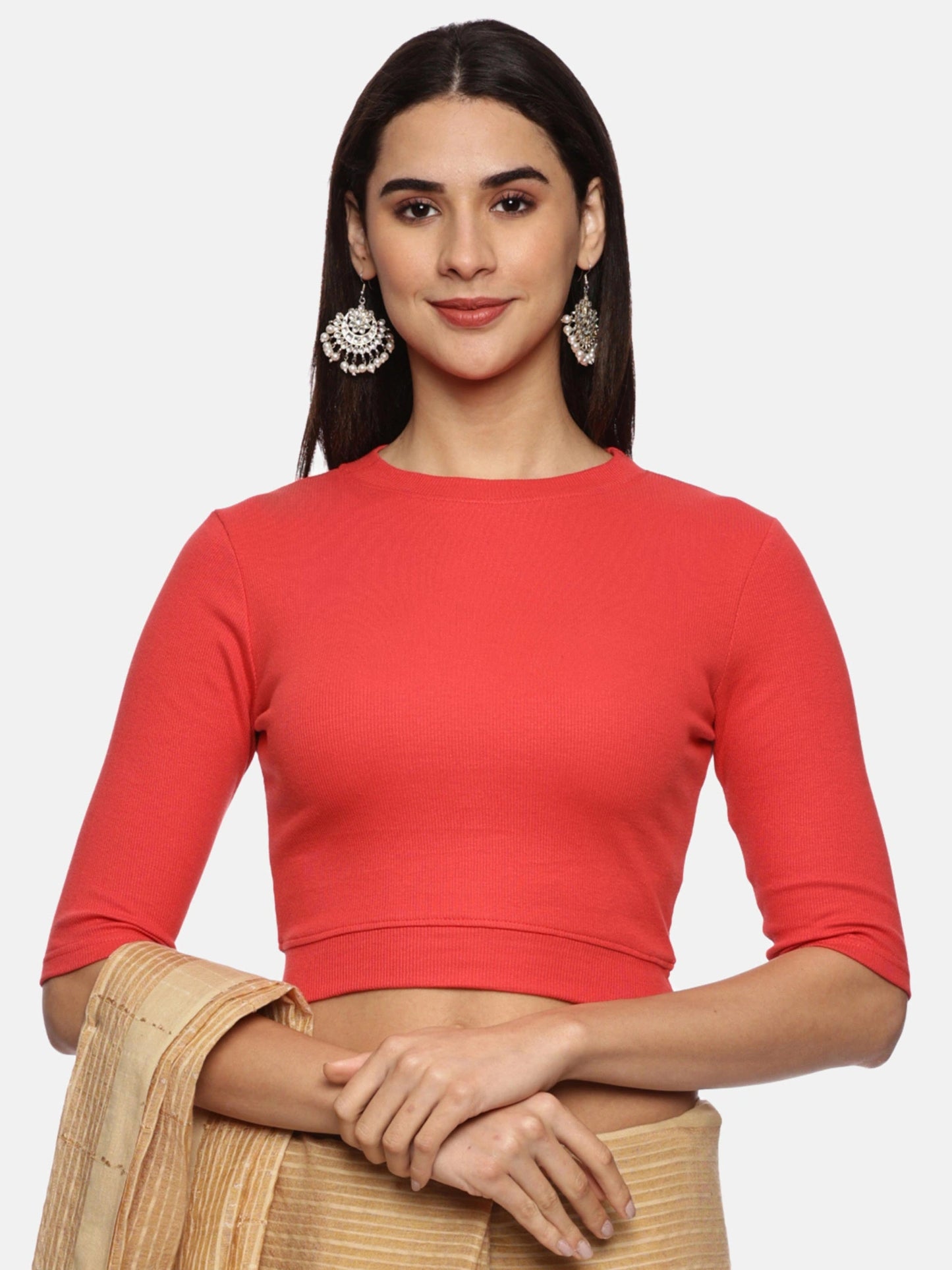 Women Back Printed Stretchable Elbow Sleeve RIB Blouse U0221 Coral