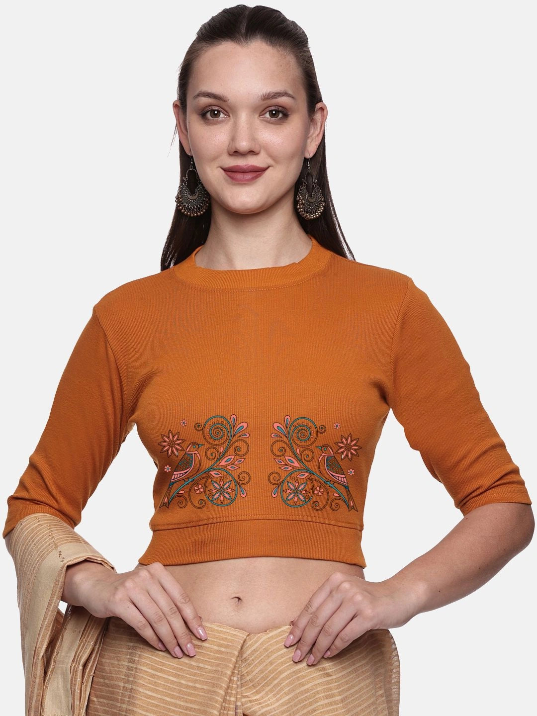 Women Back Printed Stretchable Elbow Sleeve RIB Blouse U0156 - notyetbyus