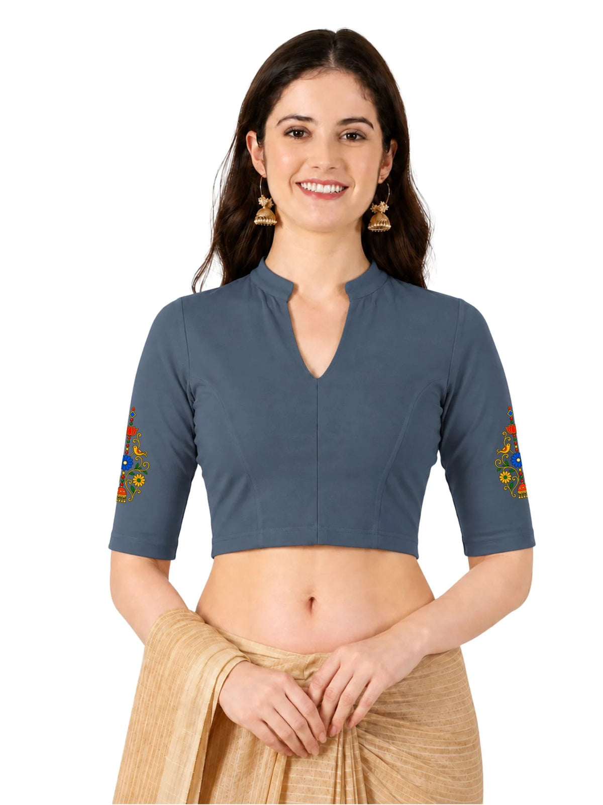Women Mandarin Collar Back Printed Stretchable Elbow Sleeve Blouse U0267 Elephant Grey