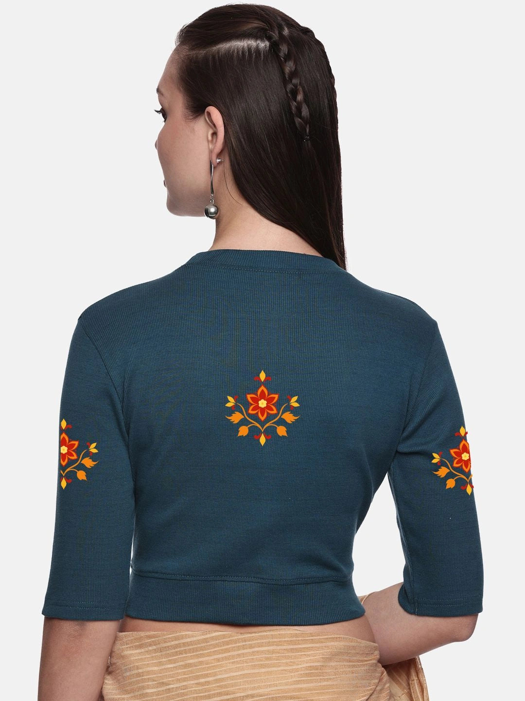 Women Back Printed Stretchable Elbow Sleeve RIB Blouse U0158 - notyetbyus