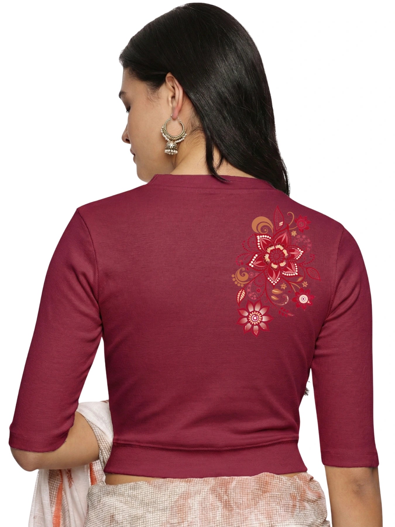 Women Back Printed Stretchable Elbow Sleeve RIB Blouse U0122 Wine Pink