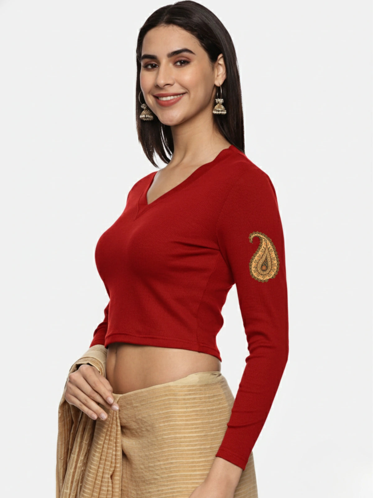 Women Back Printed Stretchable Full Sleeve V Neck RIB Blouse U0186 Burgandy