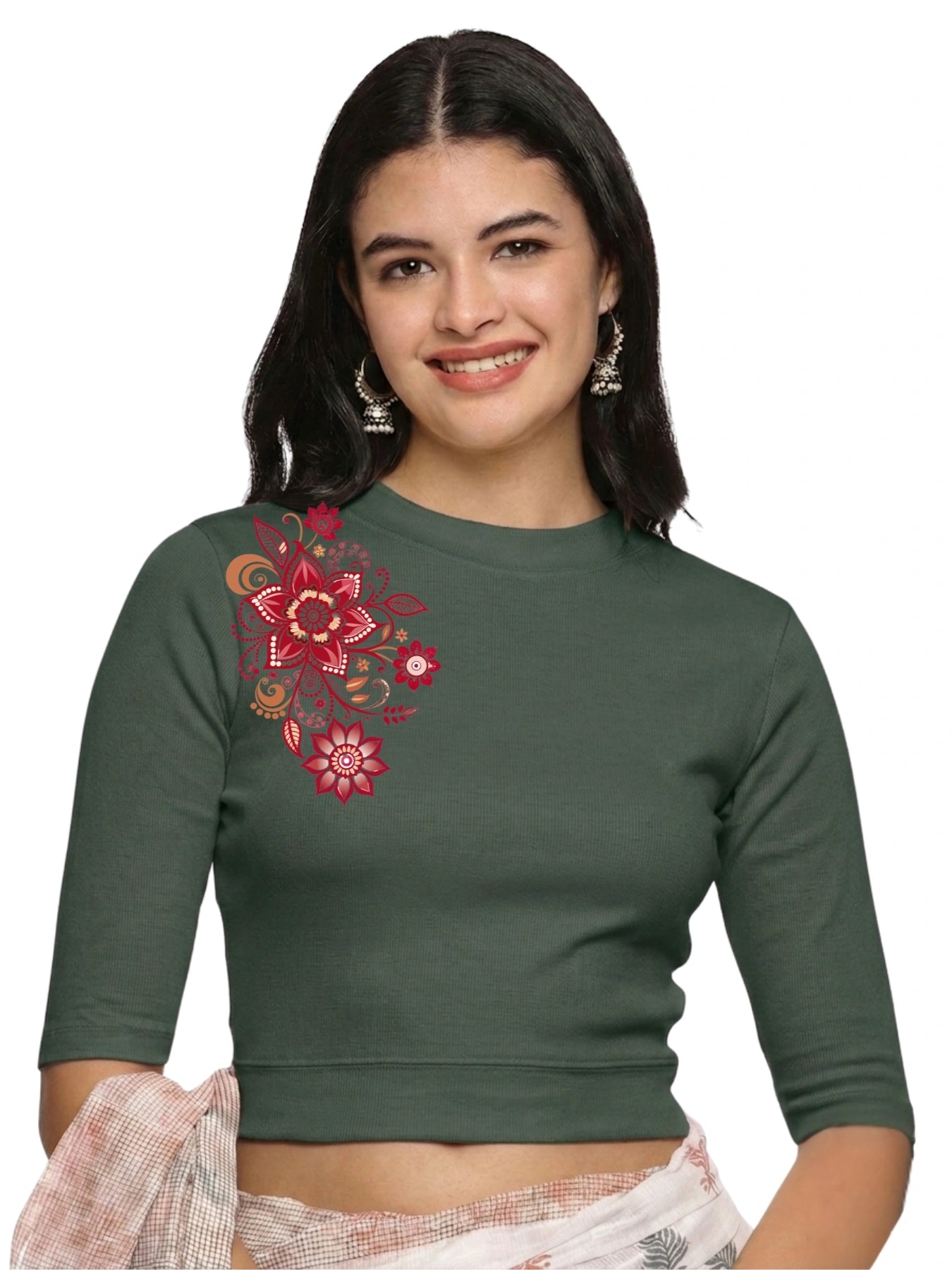 Women Back Printed Stretchable Elbow Sleeve RIB Blouse U0122 Khaki Green