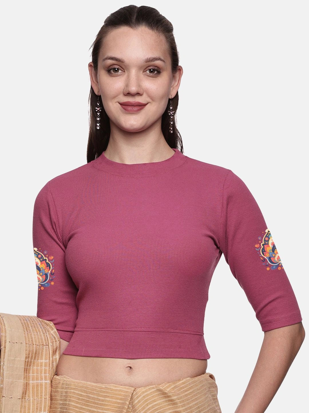 Women Back Printed Stretchable Elbow Sleeve RIB Blouse U0157 - notyetbyus