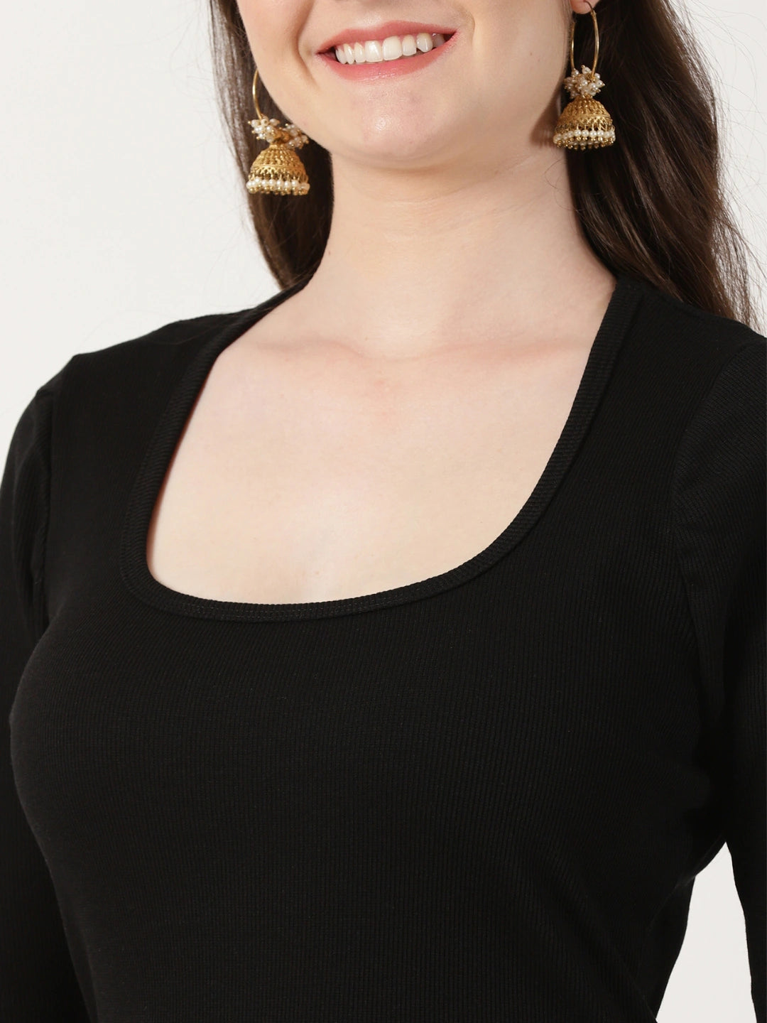 Women Stretchable Rib Square Neck Puff Sleeve Blouse Back Print U0243 Black