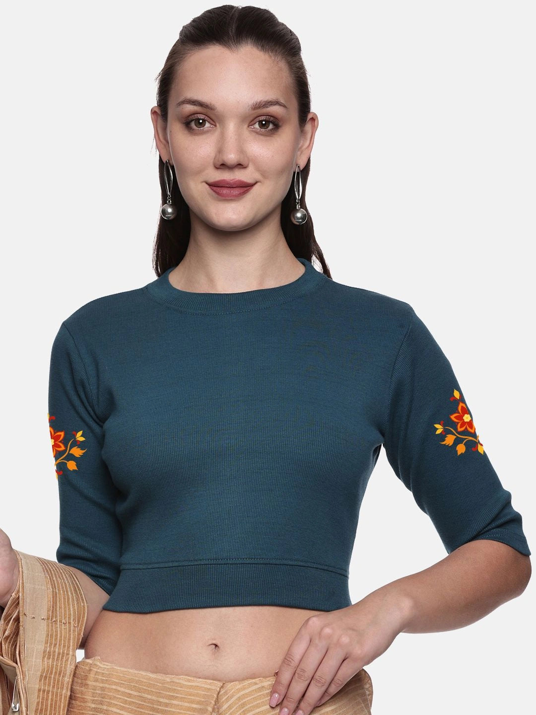 Women Back Printed Stretchable Elbow Sleeve RIB Blouse U0158 - notyetbyus