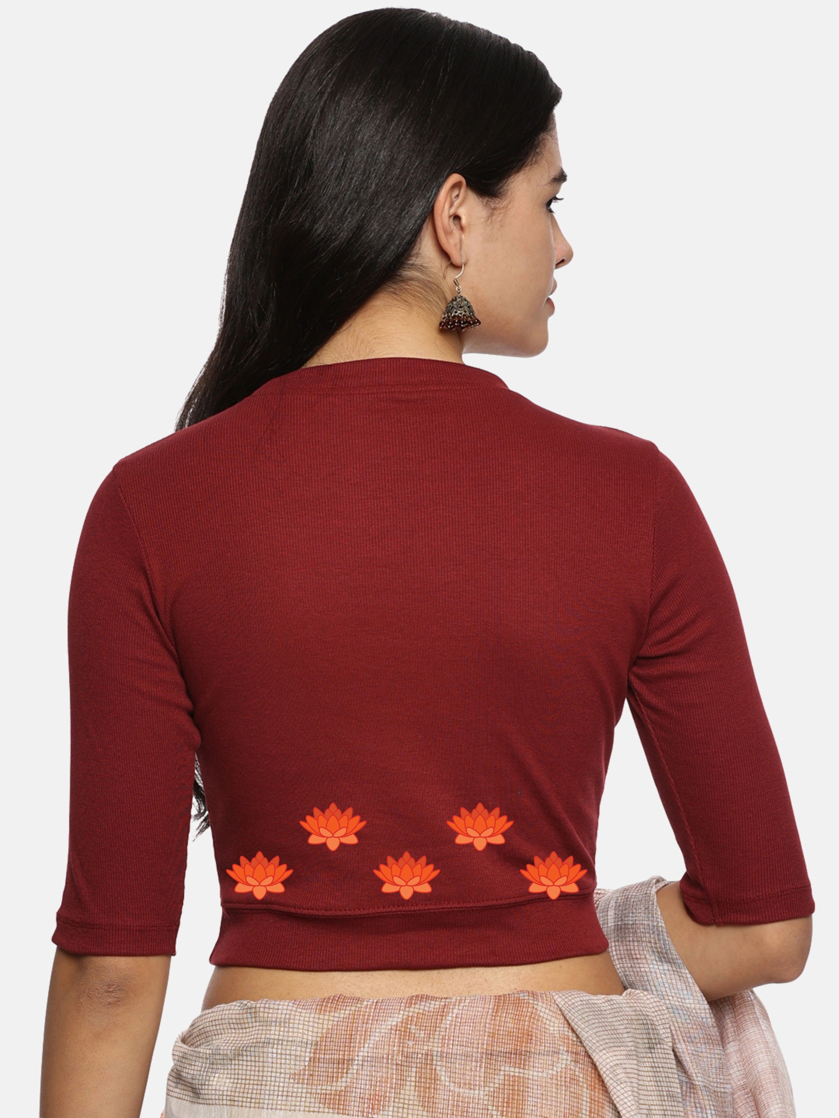 Women Back Printed Stretchable Elbow Sleeve RIB Blouse U0147 - notyetbyus