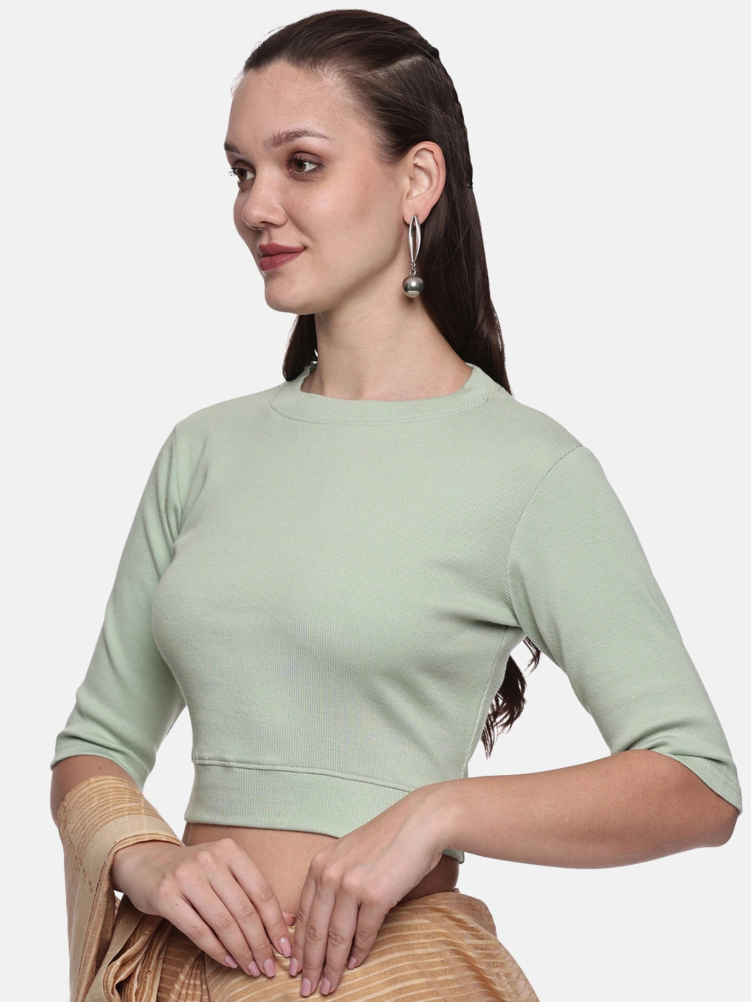 Women Back Printed Stretchable Elbow Sleeve RIB Blouse U0221 Sage Green