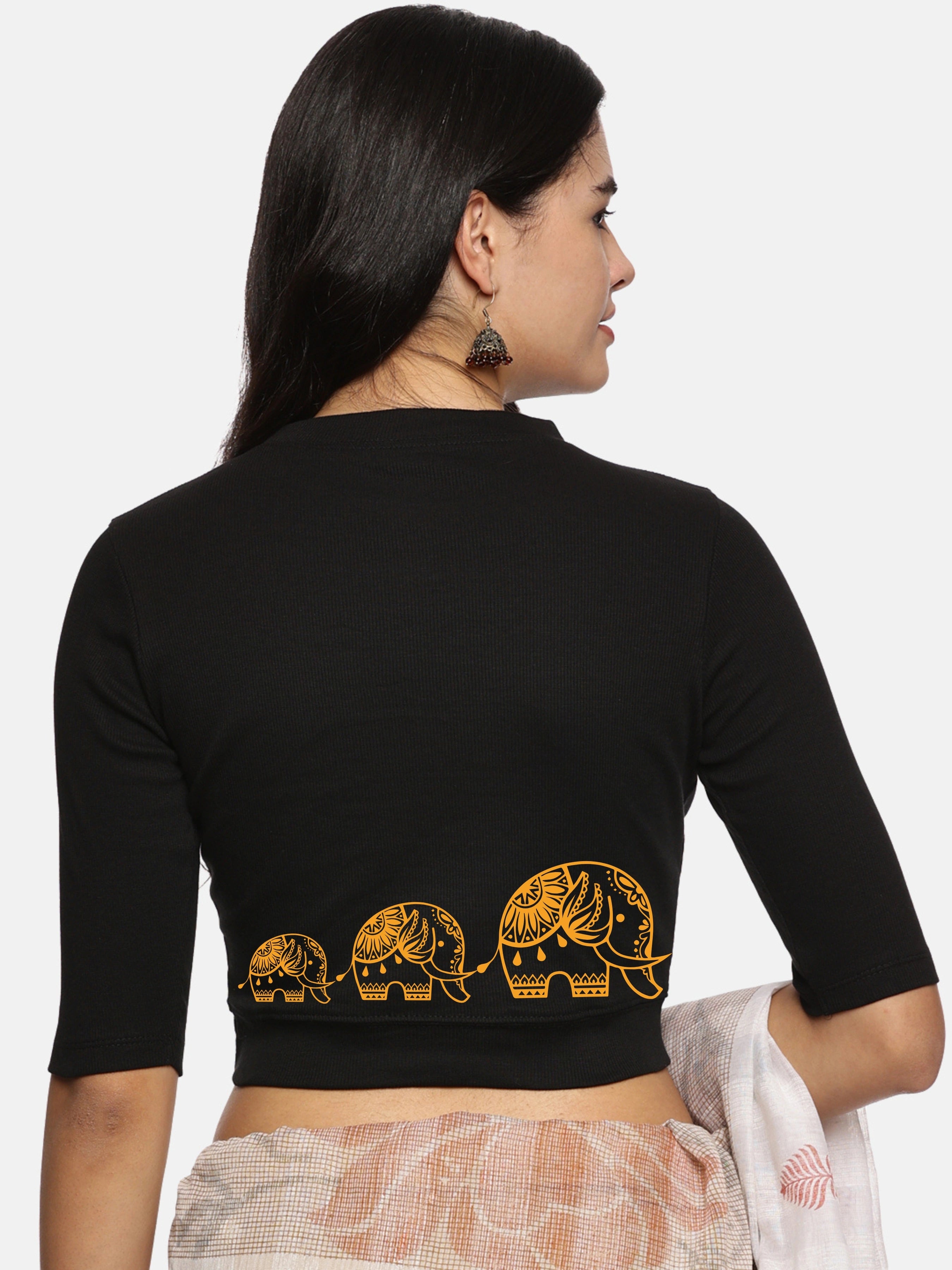 Women Back Printed Stretchable Elbow Sleeve RIB Blouse U0148 - notyetbyus