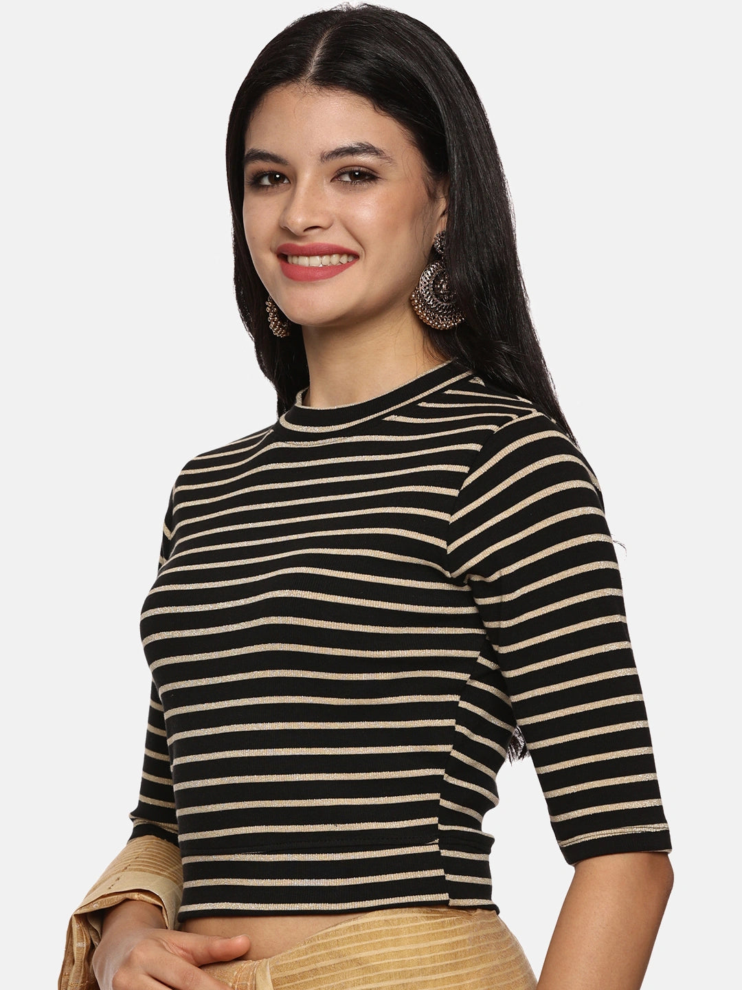 Women Yarn Dyed Stretchable Elbow Sleeve RIB Blouse U0154 - notyetbyus