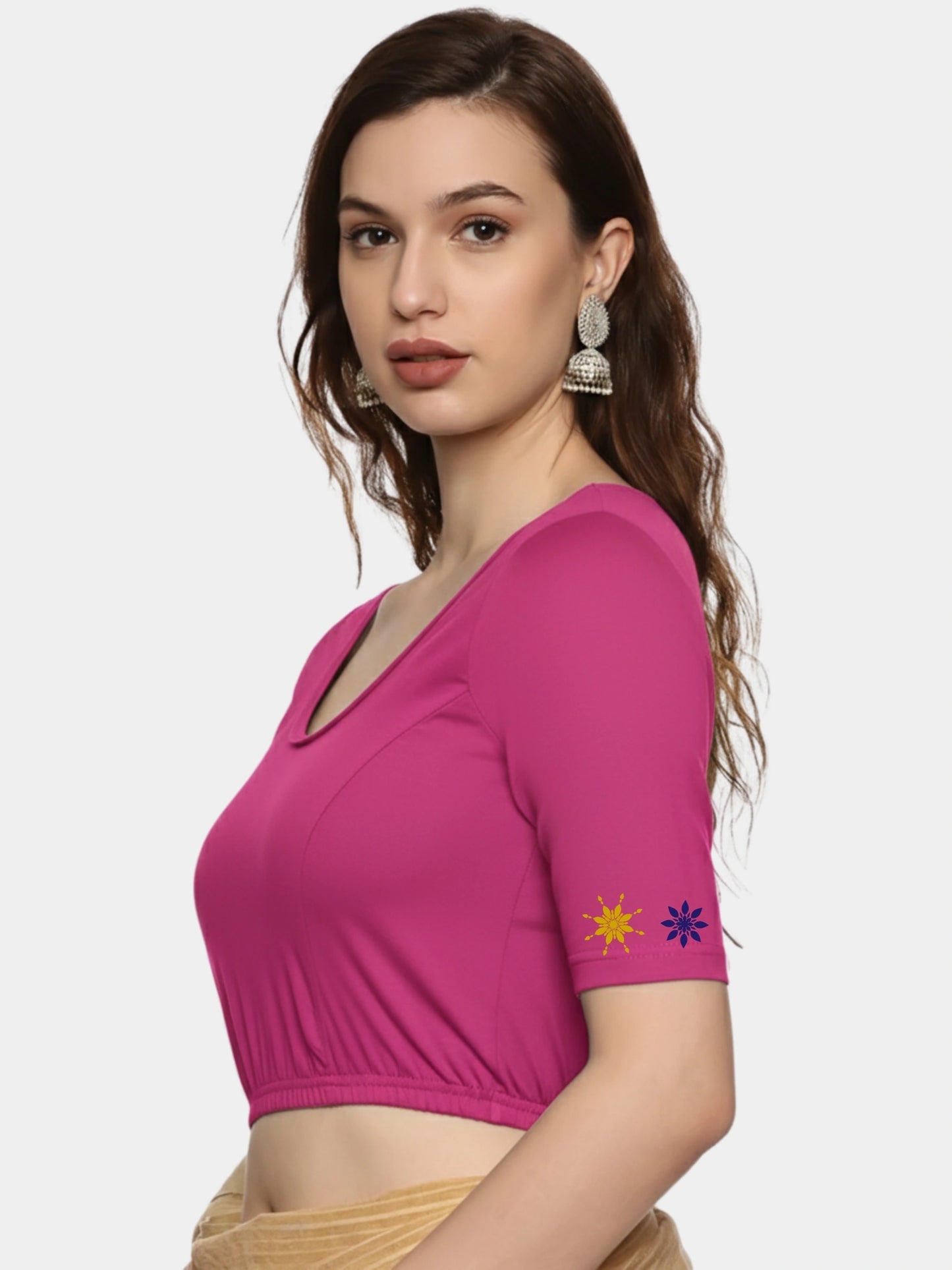 Women Back Printed Stretchable Half Sleeve Blouse U0193 Rani Pink