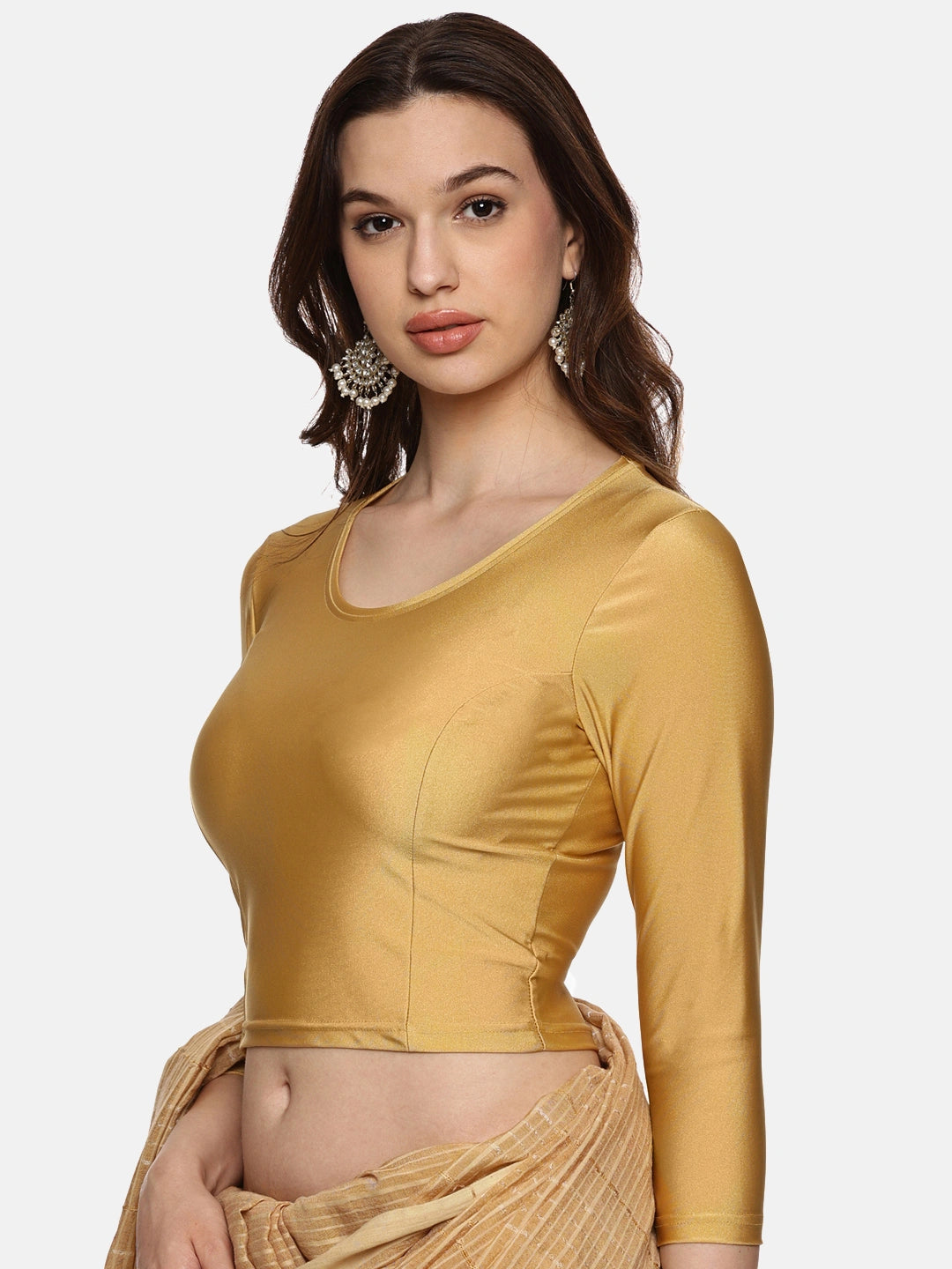 Women Shimmer Three Fourth Sleeve Plain Stretchable Saree Blouse  Us0302 - notyetbyus