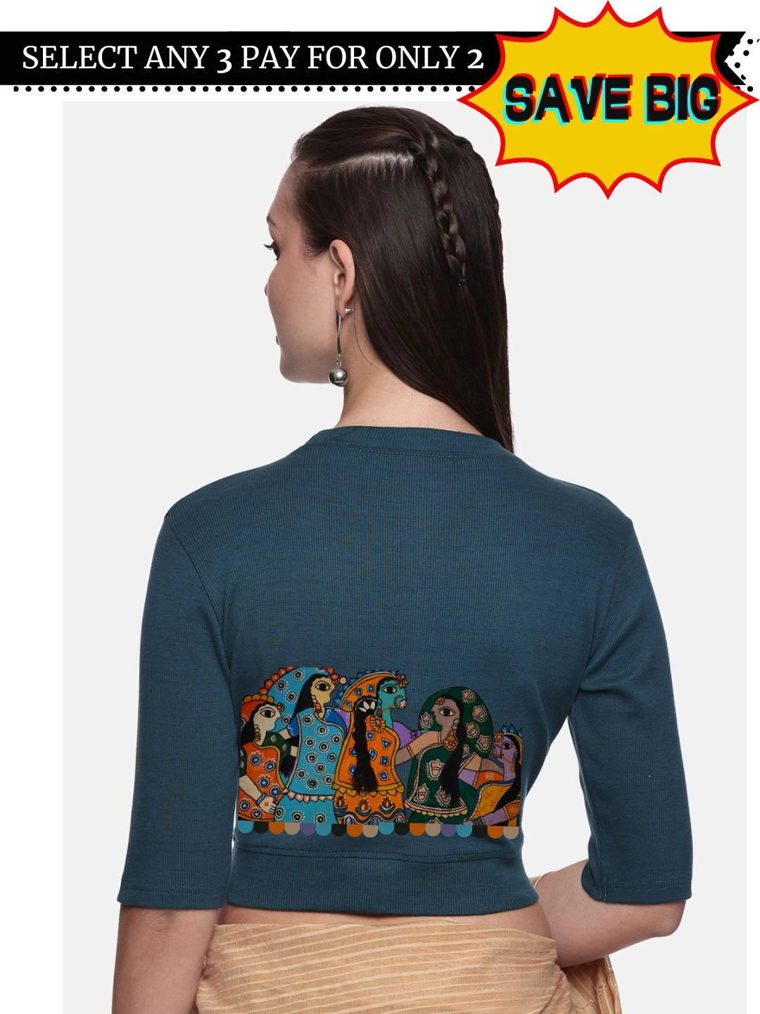 Women Back Printed Stretchable Elbow Sleeve RIB Blouse U0160 - notyetbyus