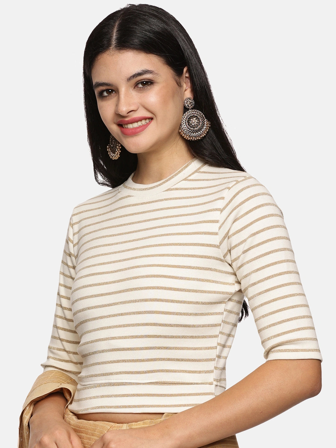 Women Yarn Dyed Stretchable Elbow Sleeve RIB Blouse U0154 - notyetbyus