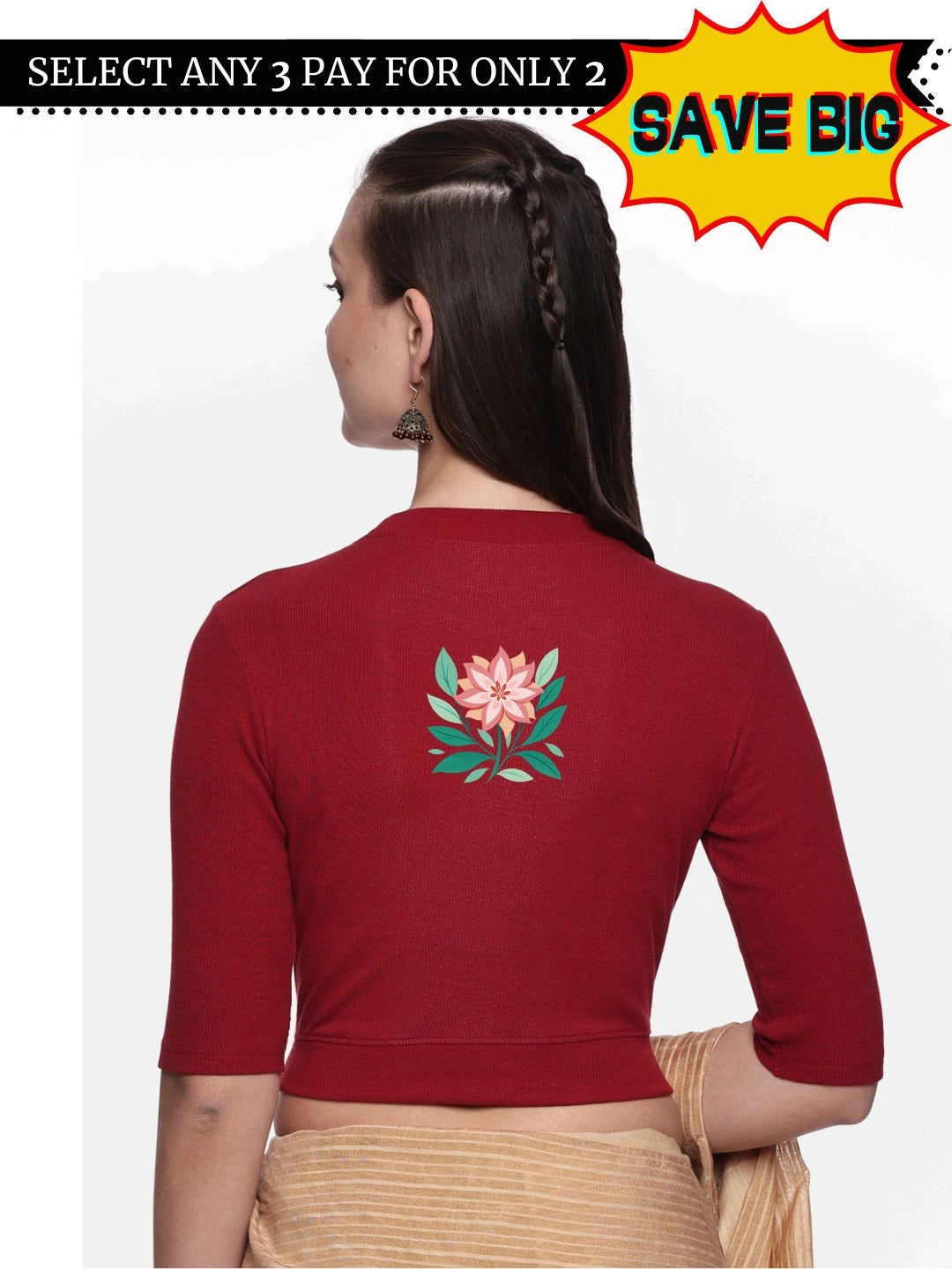 Women Back Printed Stretchable Elbow Sleeve RIB Blouse U0155 - notyetbyus